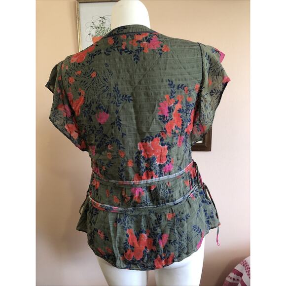 TANYA TAYLOR Ruffle Sleeve Green Red Floral Lined 100% Silk Size 12 V Neck - Picture 3 of 7